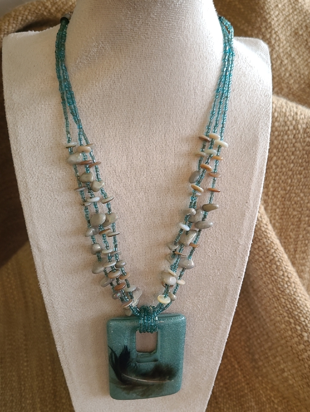Teal Blue Acrylic Feather Pendant, Stone And Seedbead Boho Summer Necklace